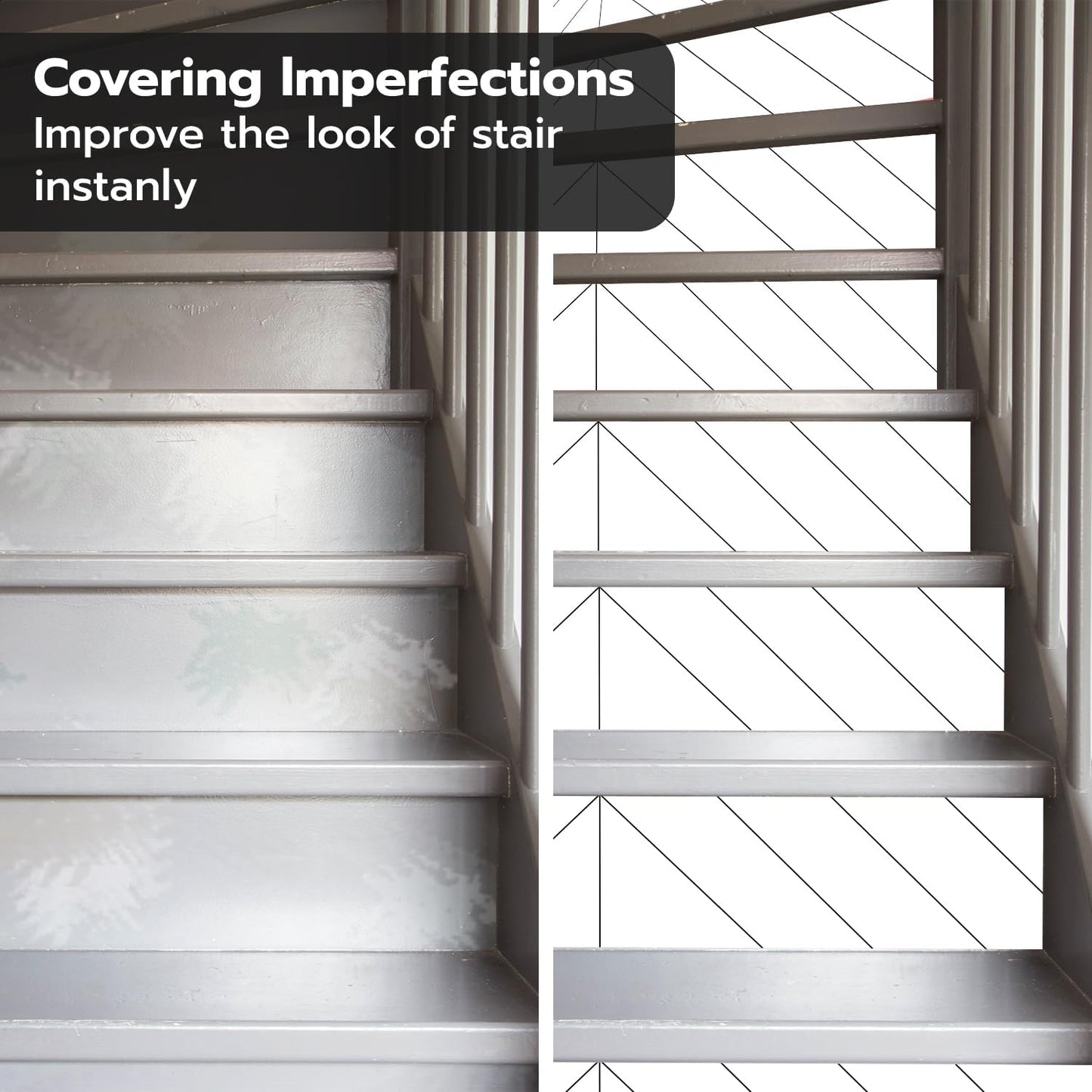 7PC Self-Adhesive Vinyl Stair Riser Stickers w/Squeegee and Utility Knife, Peel and Stick Staircase Decal Contact Paper for Home Decor, 47.24"x7.09" Scandinavian White Herringbone