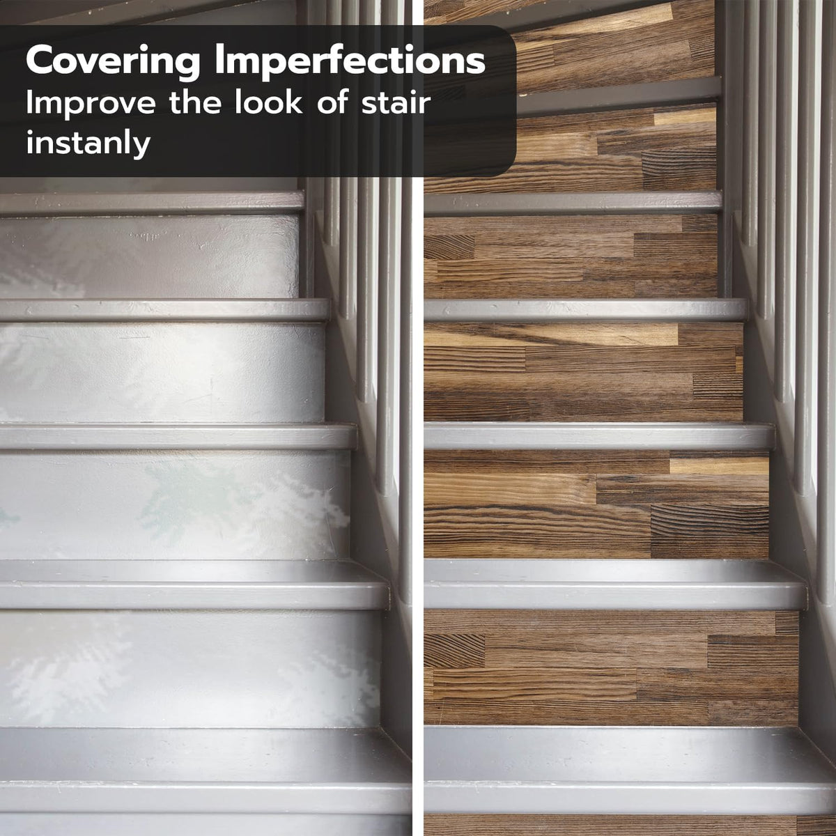 7PC Self-Adhesive Vinyl Stair Riser Stickers w/Squeegee and Utility Knife, Peel and Stick Staircase Decal Contact Paper for Home Decor, 47.24"x7.09" Scandinavian White Herringbone