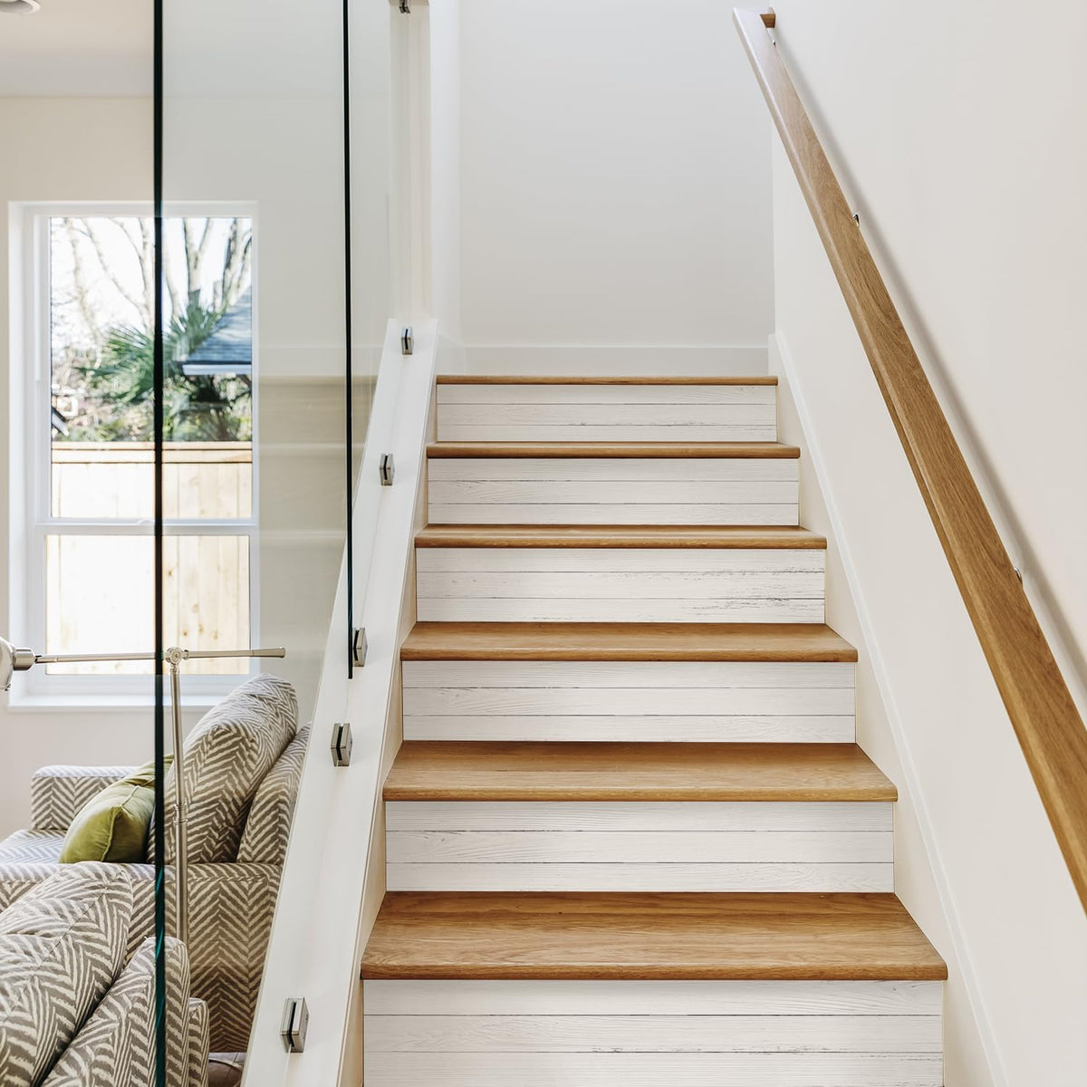 7PC Self-Adhesive Vinyl Stair Riser Stickers w/Squeegee and Utility Knife, Peel and Stick Staircase Decal Contact Paper for Home Decor, 47.24"x7.09" Scandinavian White Herringbone
