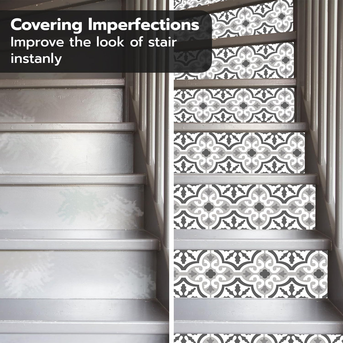 7PC Self-Adhesive Vinyl Stair Riser Stickers w/Squeegee and Utility Knife, Peel and Stick Staircase Decal Contact Paper for Home Decor, 47.24"x7.09" Scandinavian White Herringbone