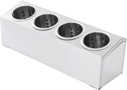 Commercial 4-Hole Stainless Steel Cylinder Flatware Silverware Utensil Holder Organizer Caddy, Detachable Countertop Utensil Dispenser for Forks Spoons Knives for Restaurant Kitchen Buffet