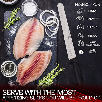 12 Inch Slicing Knife with Granton Edge for Slicing Turkey, Roast or Steak | Meat Slicing Knife, Stainless High Carbon German Steel, Best Knife to Slice Large Roast and Whole Turkey