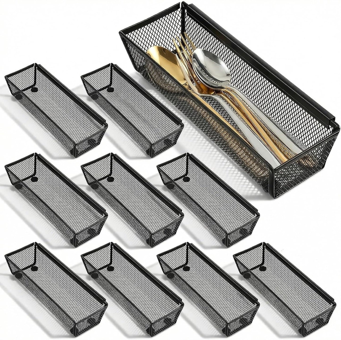 Kenaoeo 10 Pack silverware organizer And utensil drawer organizer, Mesh Metal Storage Tray For Flatware Knives Spoons Forks With Interlocking Arms And Non-Slip Pads, 9.6 x 3 x 2 Inch