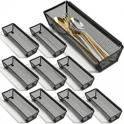 Kenaoeo 10 Pack silverware organizer And utensil drawer organizer, Mesh Metal Storage Tray For Flatware Knives Spoons Forks With Interlocking Arms And Non-Slip Pads, 9.6 x 3 x 2 Inch