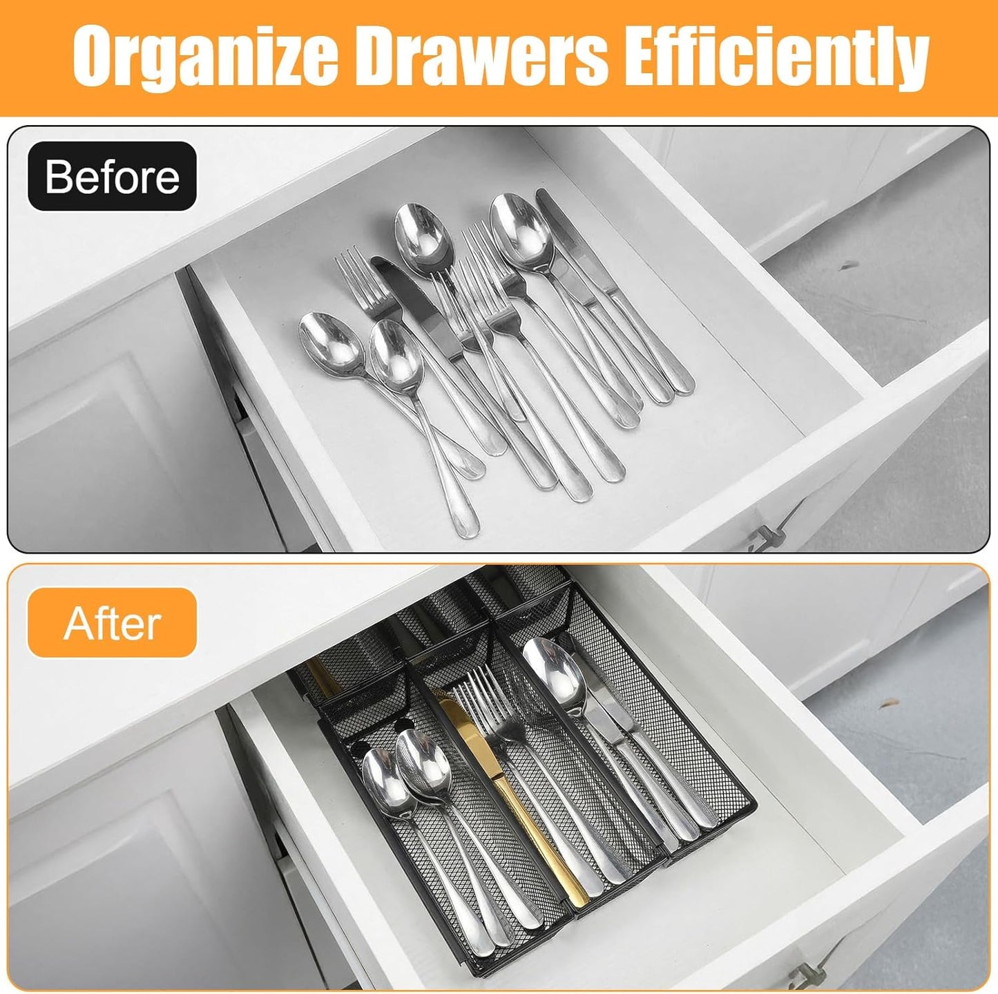 Kenaoeo 10 Pack silverware organizer And utensil drawer organizer, Mesh Metal Storage Tray For Flatware Knives Spoons Forks With Interlocking Arms And Non-Slip Pads, 9.6 x 3 x 2 Inch