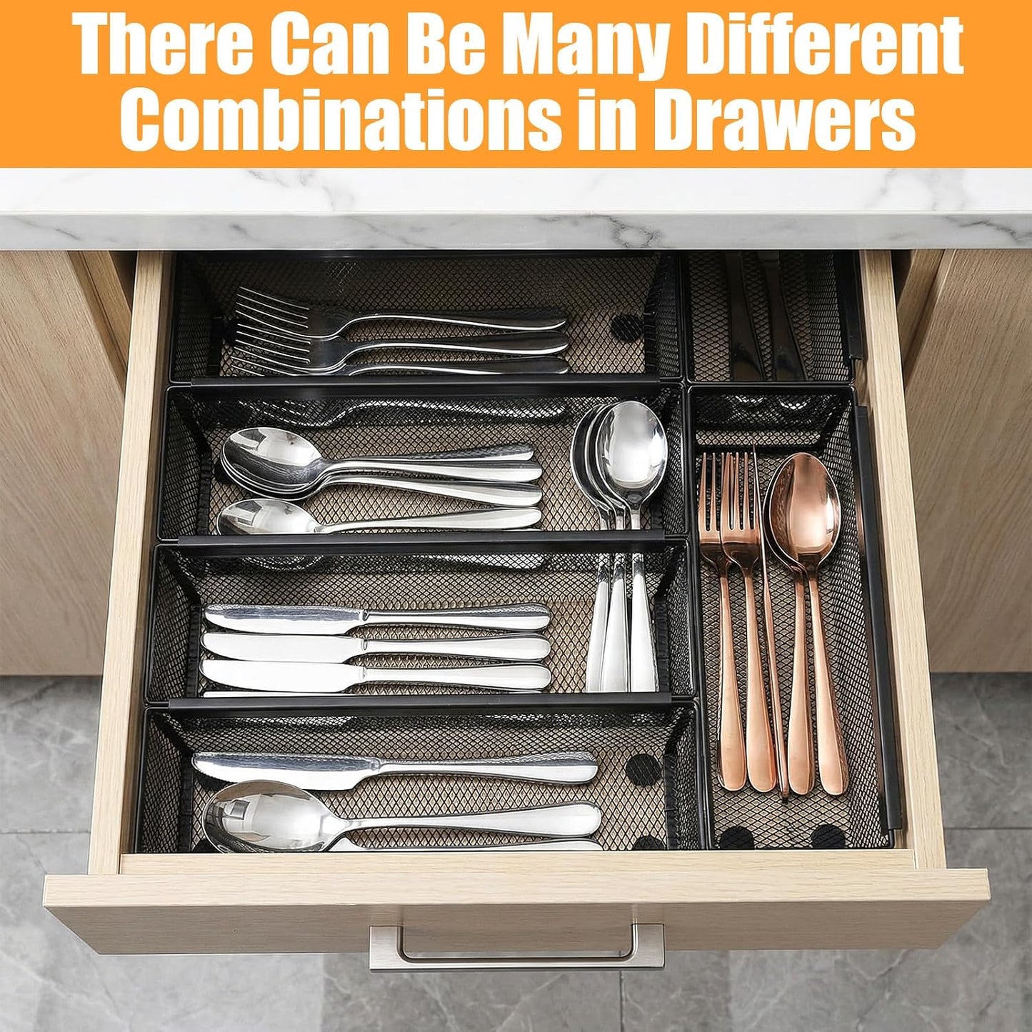 Kenaoeo 10 Pack silverware organizer And utensil drawer organizer, Mesh Metal Storage Tray For Flatware Knives Spoons Forks With Interlocking Arms And Non-Slip Pads, 9.6 x 3 x 2 Inch