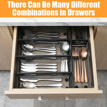 Kenaoeo 10 Pack silverware organizer And utensil drawer organizer, Mesh Metal Storage Tray For Flatware Knives Spoons Forks With Interlocking Arms And Non-Slip Pads, 9.6 x 3 x 2 Inch