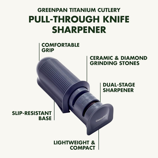 Titanium Dual-Stage Pull Through Sharpener, Serrated and Straight Blades, Ribbing Gripping Surface, Compact Storing Size