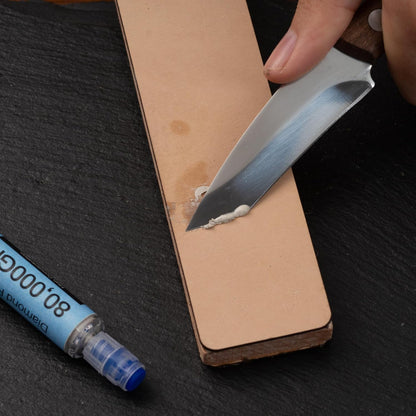 Leather Strop for Knife Sharpening, Double-Sided Paddle Strop with Green Polishing Compound, Wood Handle Stropping Block for Honing Knives, Chisels & Woodcarving Tools, for Diamond Pastes
