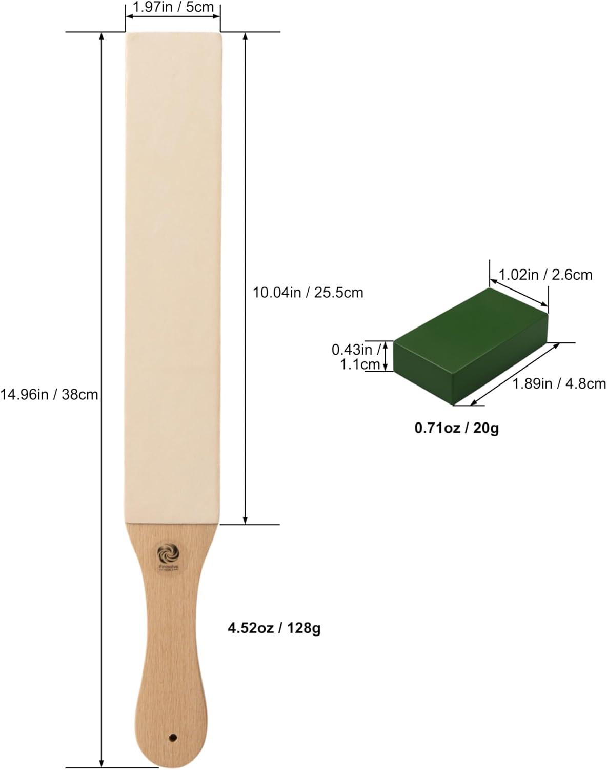 Leather Strop for Knife Sharpening, Double-Sided Paddle Strop with Green Polishing Compound, Wood Handle Stropping Block for Honing Knives, Chisels & Woodcarving Tools, for Diamond Pastes