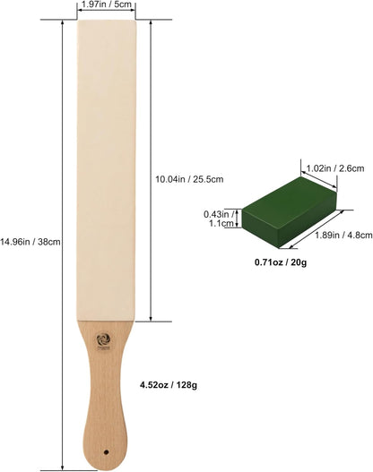Leather Strop for Knife Sharpening, Double-Sided Paddle Strop with Green Polishing Compound, Wood Handle Stropping Block for Honing Knives, Chisels & Woodcarving Tools, for Diamond Pastes
