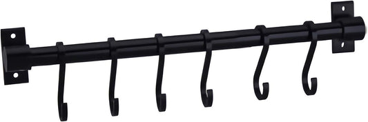 Gourmet Kitchen Utensil Rack with 6 Hooks, Wall Mounted Rail Wrought Iron Hanging Utensil Holder Rack with Removable S Hooks 16 Inch (Black-6 Hooks)