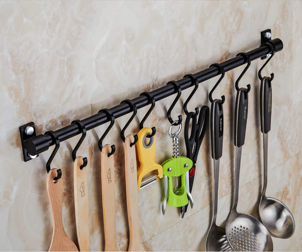 Gourmet Kitchen Utensil Rack with 6 Hooks, Wall Mounted Rail Wrought Iron Hanging Utensil Holder Rack with Removable S Hooks 16 Inch (Black-6 Hooks)