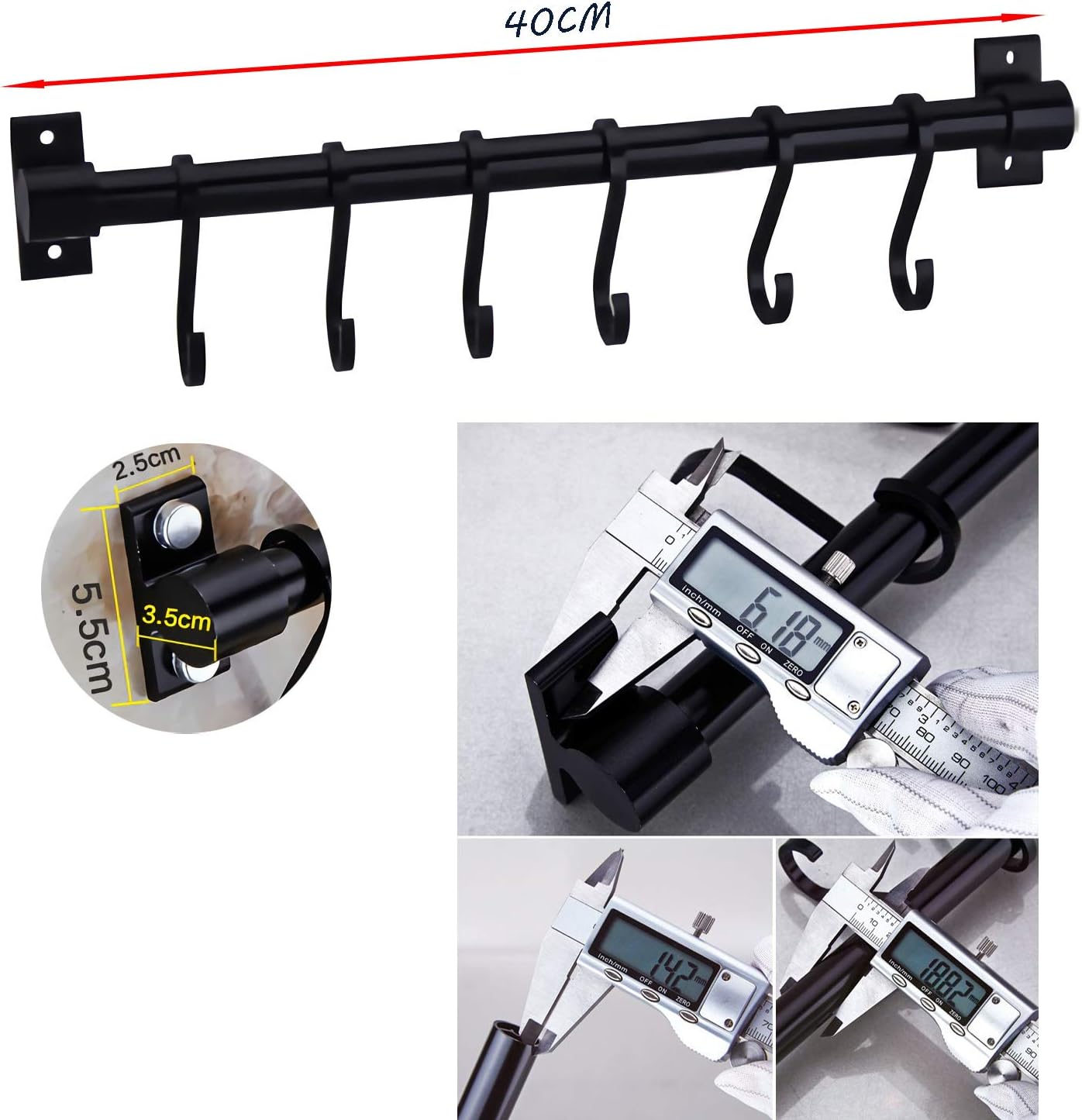 Gourmet Kitchen Utensil Rack with 6 Hooks, Wall Mounted Rail Wrought Iron Hanging Utensil Holder Rack with Removable S Hooks 16 Inch (Black-6 Hooks)