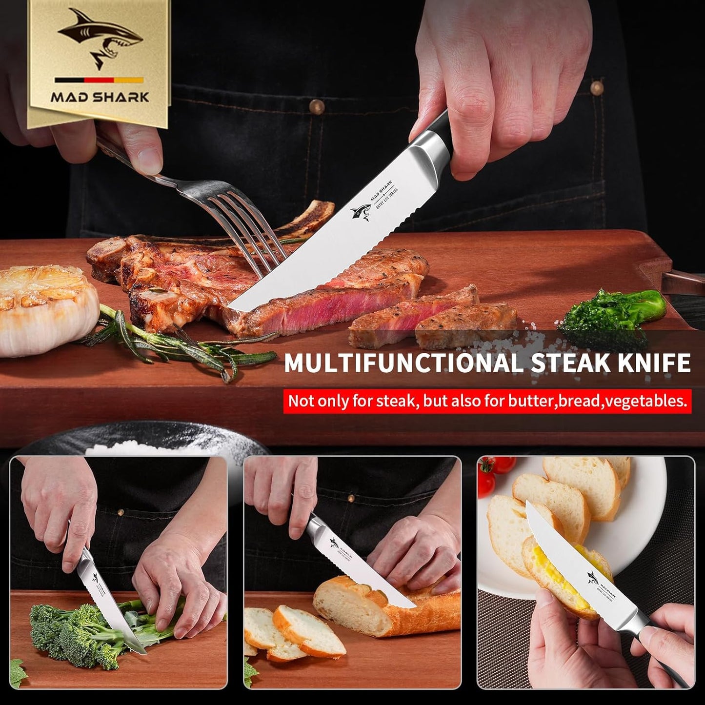 Steak Knives Set of 6,Premium 12.6-inch Serrated Steak Knife Set,Ultra Sharp German High Carbon Stainless Steel Triple Rivet Collection 6-Piece Kitchen Steak Knife Set (STEAK KNIFE SET OF 6)