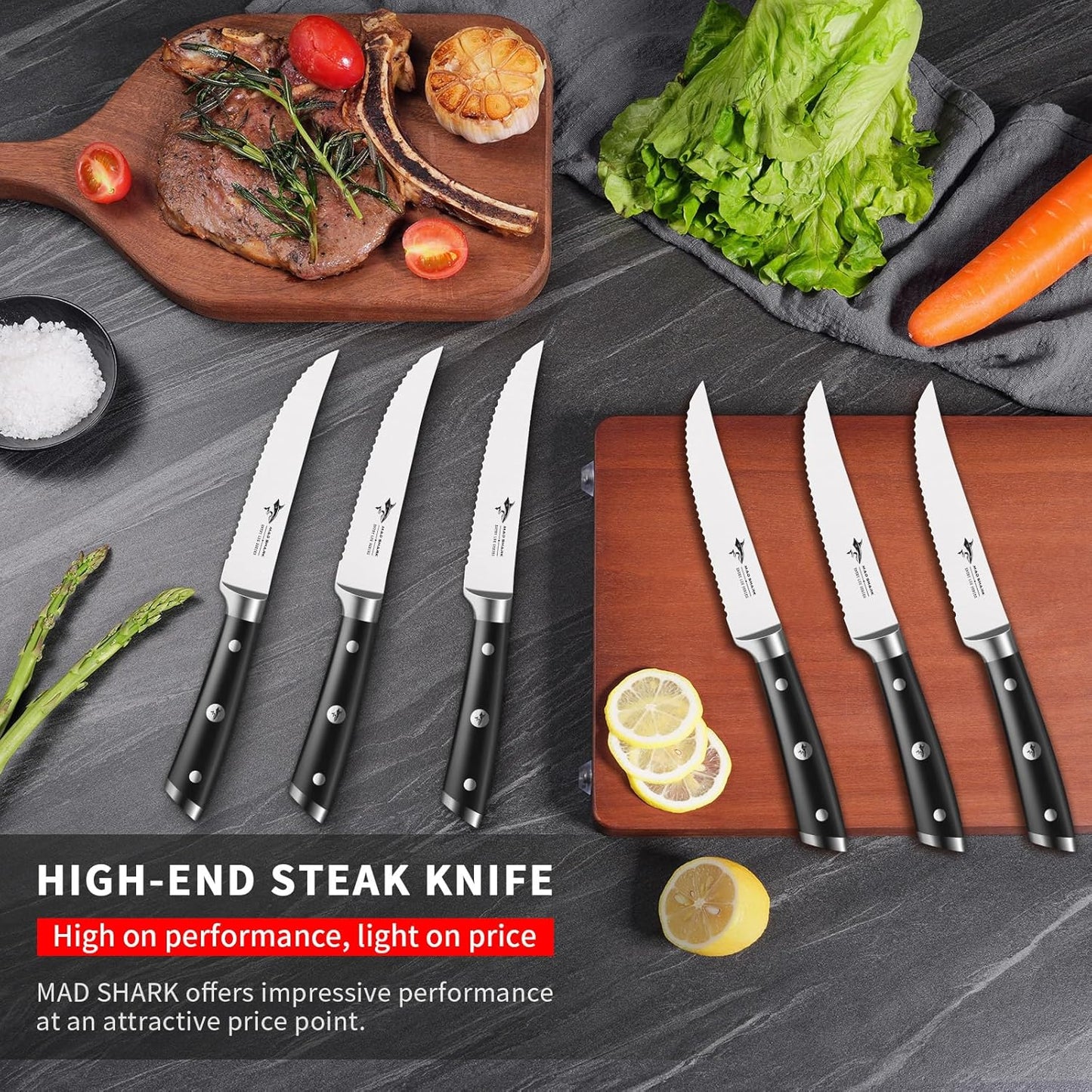 Steak Knives Set of 6,Premium 12.6-inch Serrated Steak Knife Set,Ultra Sharp German High Carbon Stainless Steel Triple Rivet Collection 6-Piece Kitchen Steak Knife Set (STEAK KNIFE SET OF 6)
