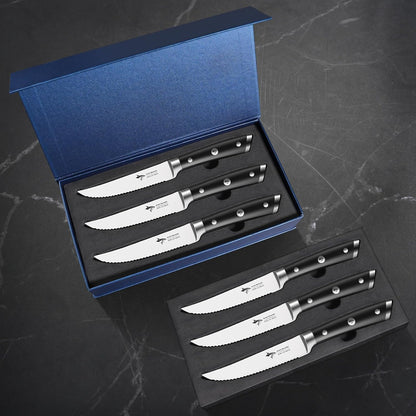 Steak Knives Set of 6,Premium 12.6-inch Serrated Steak Knife Set,Ultra Sharp German High Carbon Stainless Steel Triple Rivet Collection 6-Piece Kitchen Steak Knife Set (STEAK KNIFE SET OF 6)