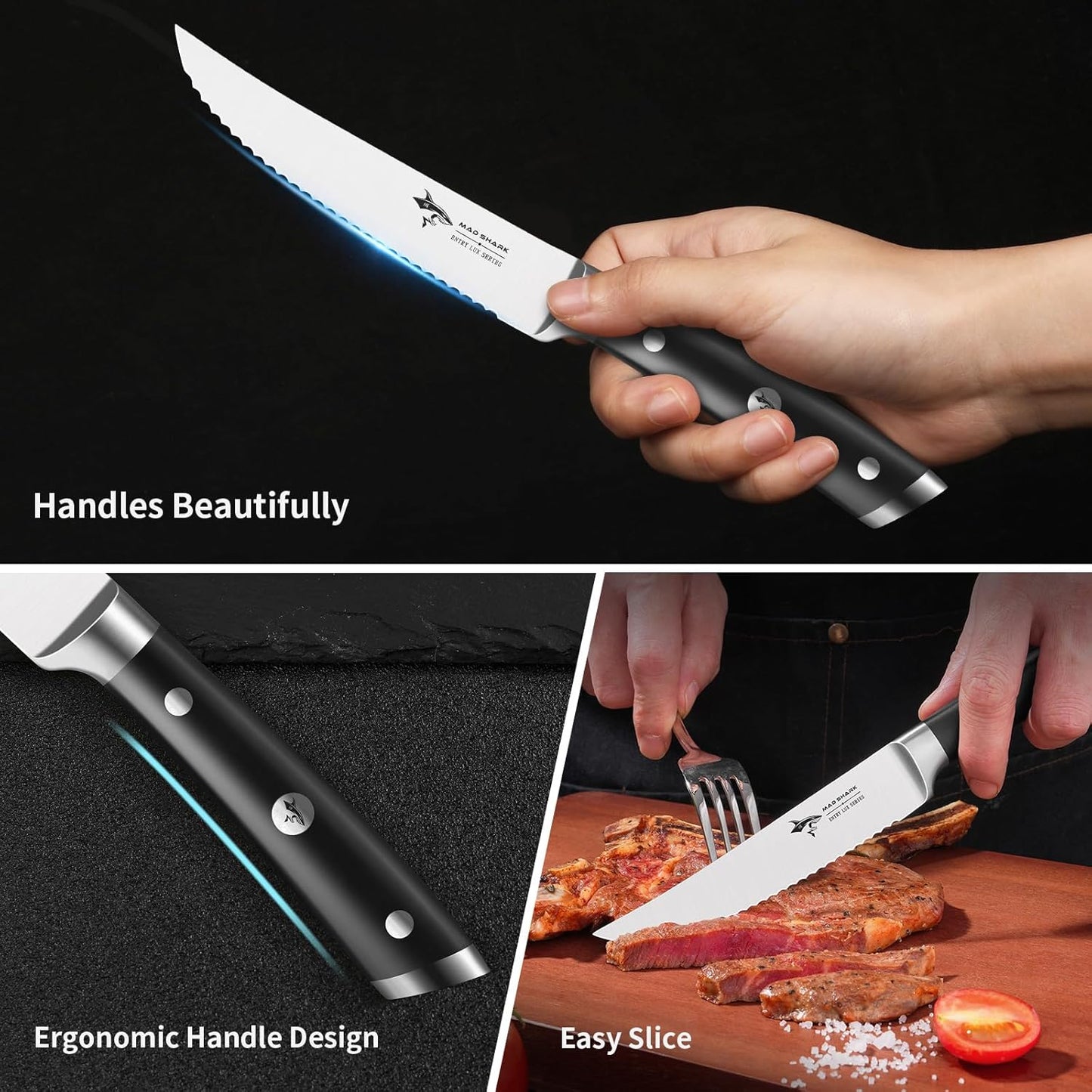 Steak Knives Set of 6,Premium 12.6-inch Serrated Steak Knife Set,Ultra Sharp German High Carbon Stainless Steel Triple Rivet Collection 6-Piece Kitchen Steak Knife Set (STEAK KNIFE SET OF 6)
