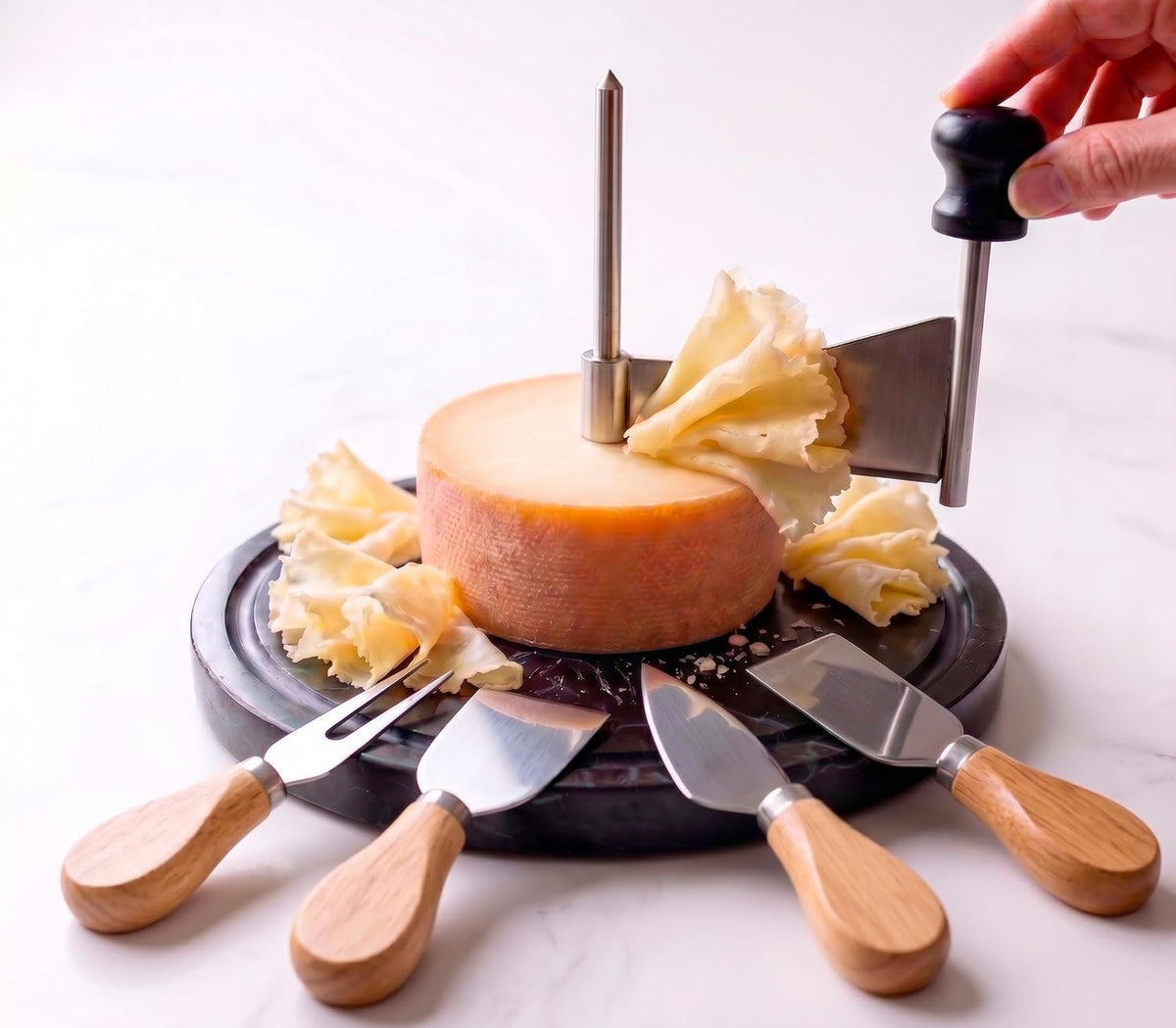 Cheese Curler Marble and steel + Cheese Knife Set - Cheese Shaver - Cheese Wheel Curler - Girolle Cheese Shaver - Tete de Moine Cheese Curler- Girolle - Spiral Cheese Shaver - Cheese flower Cutter