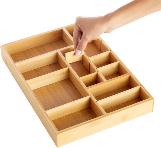Drawer Organizer Tray - 8-Slot Drawer Divider for Utensils - Versatile Silverware Holder - Desk Tray for Office Supplies - 14 x 10 x 2 in, Brown, Bamboo
