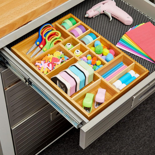 Drawer Organizer Tray - 8-Slot Drawer Divider for Utensils - Versatile Silverware Holder - Desk Tray for Office Supplies - 14 x 10 x 2 in, Brown, Bamboo