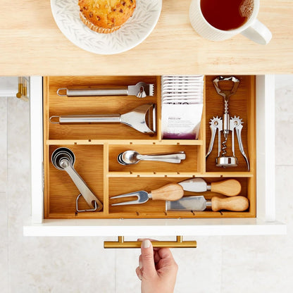 Drawer Organizer Tray - 8-Slot Drawer Divider for Utensils - Versatile Silverware Holder - Desk Tray for Office Supplies - 14 x 10 x 2 in, Brown, Bamboo