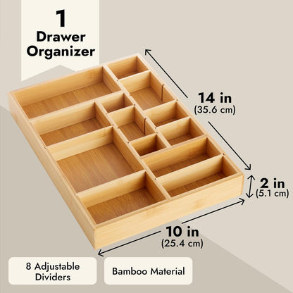 Drawer Organizer Tray - 8-Slot Drawer Divider for Utensils - Versatile Silverware Holder - Desk Tray for Office Supplies - 14 x 10 x 2 in, Brown, Bamboo