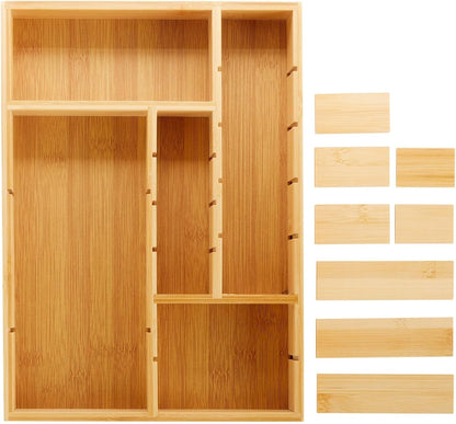 Drawer Organizer Tray - 8-Slot Drawer Divider for Utensils - Versatile Silverware Holder - Desk Tray for Office Supplies - 14 x 10 x 2 in, Brown, Bamboo