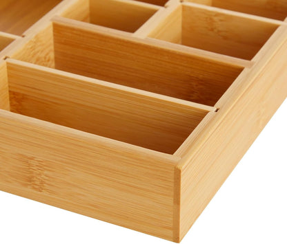 Drawer Organizer Tray - 8-Slot Drawer Divider for Utensils - Versatile Silverware Holder - Desk Tray for Office Supplies - 14 x 10 x 2 in, Brown, Bamboo