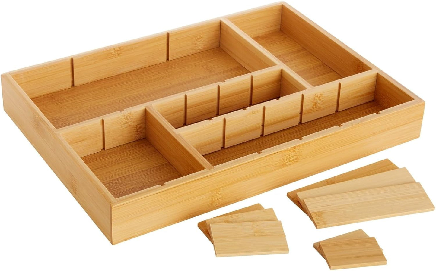 Drawer Organizer Tray - 8-Slot Drawer Divider for Utensils - Versatile Silverware Holder - Desk Tray for Office Supplies - 14 x 10 x 2 in, Brown, Bamboo
