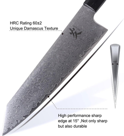Kiritsuke Chef Knife - 8 Inch Professional Sharp Damascus Knife,High Carbon Stainless Steel Kitchen Gyuto knife - Ergonomic Octagonal Ebony Handle with Gift Box