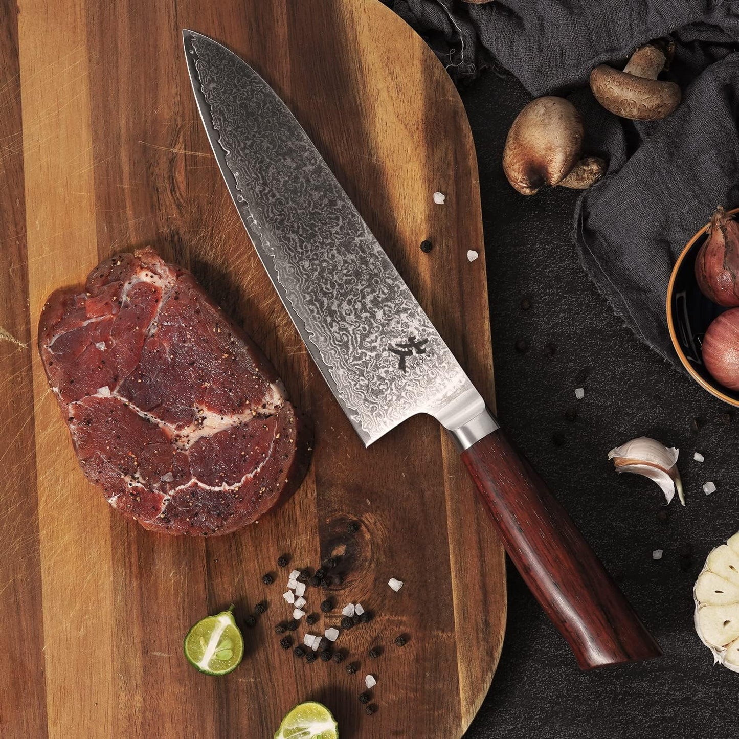 Kiritsuke Chef Knife - 8 Inch Professional Sharp Damascus Knife,High Carbon Stainless Steel Kitchen Gyuto knife - Ergonomic Octagonal Ebony Handle with Gift Box