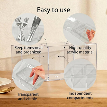 3 Section Acrylic Cutlery Organizer Countertop Utensil Holder | Flatware Storage Caddy for Spoons, Forks and Knives, Space Saving Kitchen Organizer for Cabinet, Dining Room and Home Use