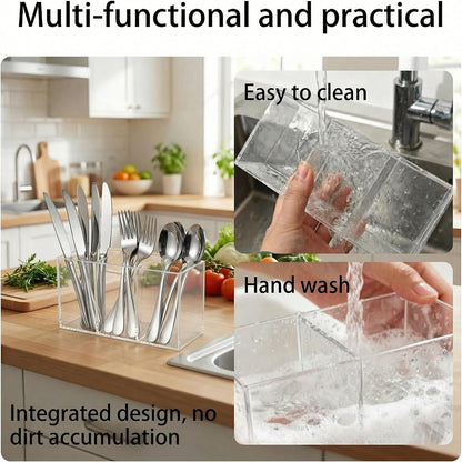 3 Section Acrylic Cutlery Organizer Countertop Utensil Holder | Flatware Storage Caddy for Spoons, Forks and Knives, Space Saving Kitchen Organizer for Cabinet, Dining Room and Home Use