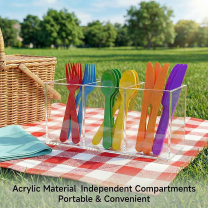 3 Section Acrylic Cutlery Organizer Countertop Utensil Holder | Flatware Storage Caddy for Spoons, Forks and Knives, Space Saving Kitchen Organizer for Cabinet, Dining Room and Home Use