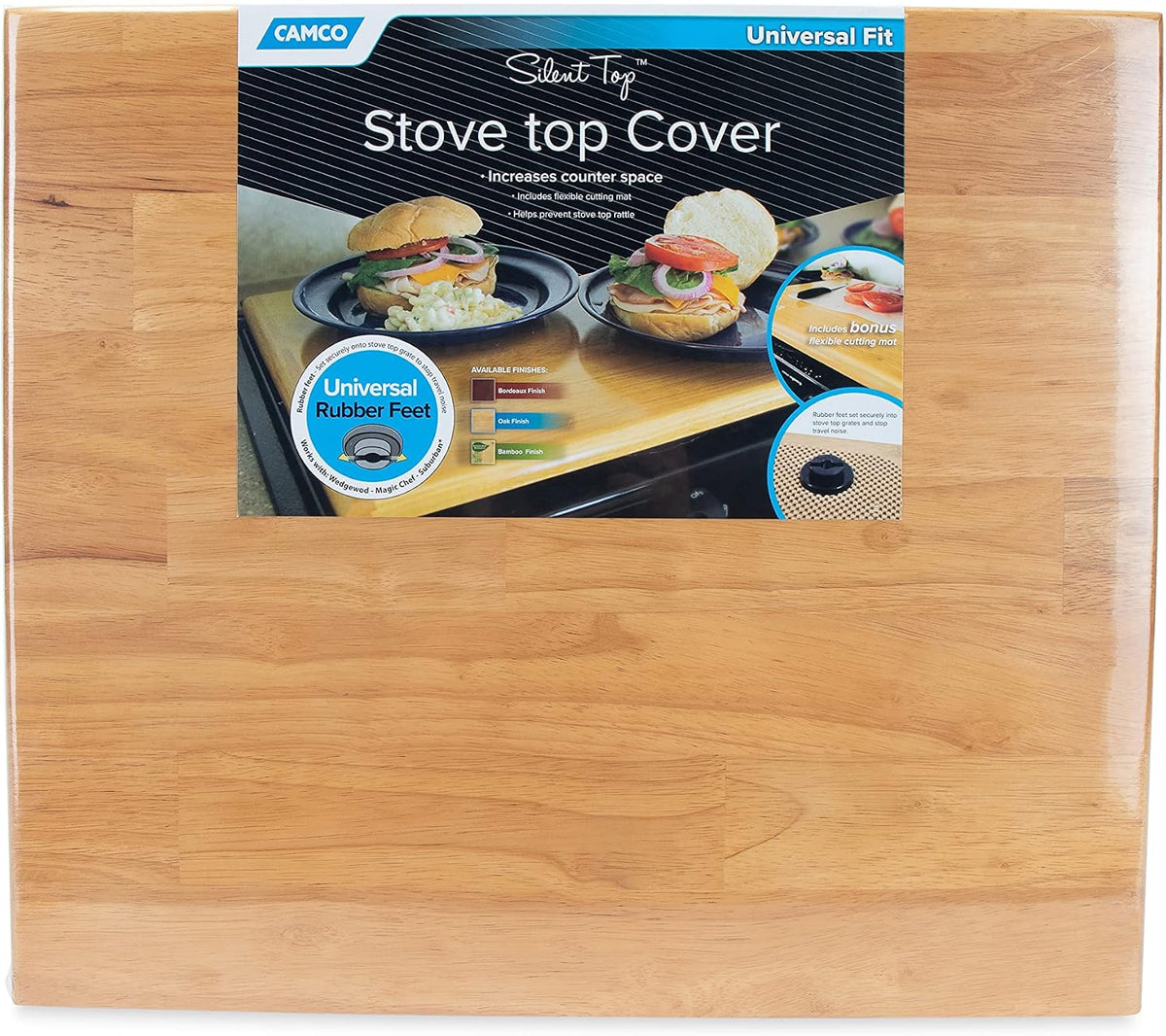 Oak Accents Camper/RV Silent Top Stovetop Cover | Features Solid Oak-Finish Hardwood w/Non-Toxic Finish & 4 Non-Slip Rubber Feet | Includes Flexible Cutting Mat | 19.5” x 17” x .75” (43521)