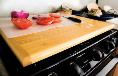 Oak Accents Camper/RV Silent Top Stovetop Cover | Features Solid Oak-Finish Hardwood w/Non-Toxic Finish & 4 Non-Slip Rubber Feet | Includes Flexible Cutting Mat | 19.5” x 17” x .75” (43521)