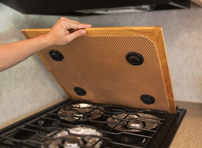 Oak Accents Camper/RV Silent Top Stovetop Cover | Features Solid Oak-Finish Hardwood w/Non-Toxic Finish & 4 Non-Slip Rubber Feet | Includes Flexible Cutting Mat | 19.5” x 17” x .75” (43521)