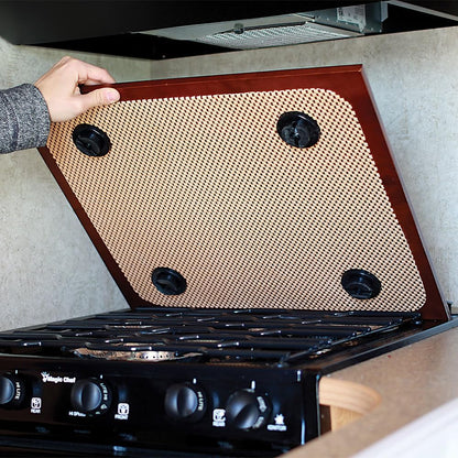 Oak Accents Camper/RV Silent Top Stovetop Cover | Features Solid Oak-Finish Hardwood w/Non-Toxic Finish & 4 Non-Slip Rubber Feet | Includes Flexible Cutting Mat | 19.5” x 17” x .75” (43521)