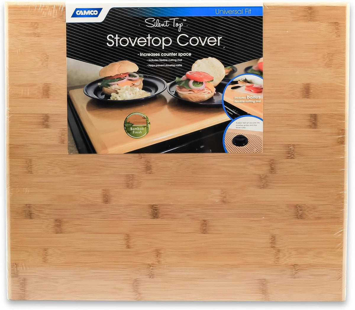 Oak Accents Camper/RV Silent Top Stovetop Cover | Features Solid Oak-Finish Hardwood w/Non-Toxic Finish & 4 Non-Slip Rubber Feet | Includes Flexible Cutting Mat | 19.5” x 17” x .75” (43521)