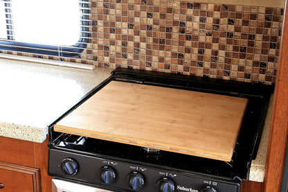Oak Accents Camper/RV Silent Top Stovetop Cover | Features Solid Oak-Finish Hardwood w/Non-Toxic Finish & 4 Non-Slip Rubber Feet | Includes Flexible Cutting Mat | 19.5” x 17” x .75” (43521)