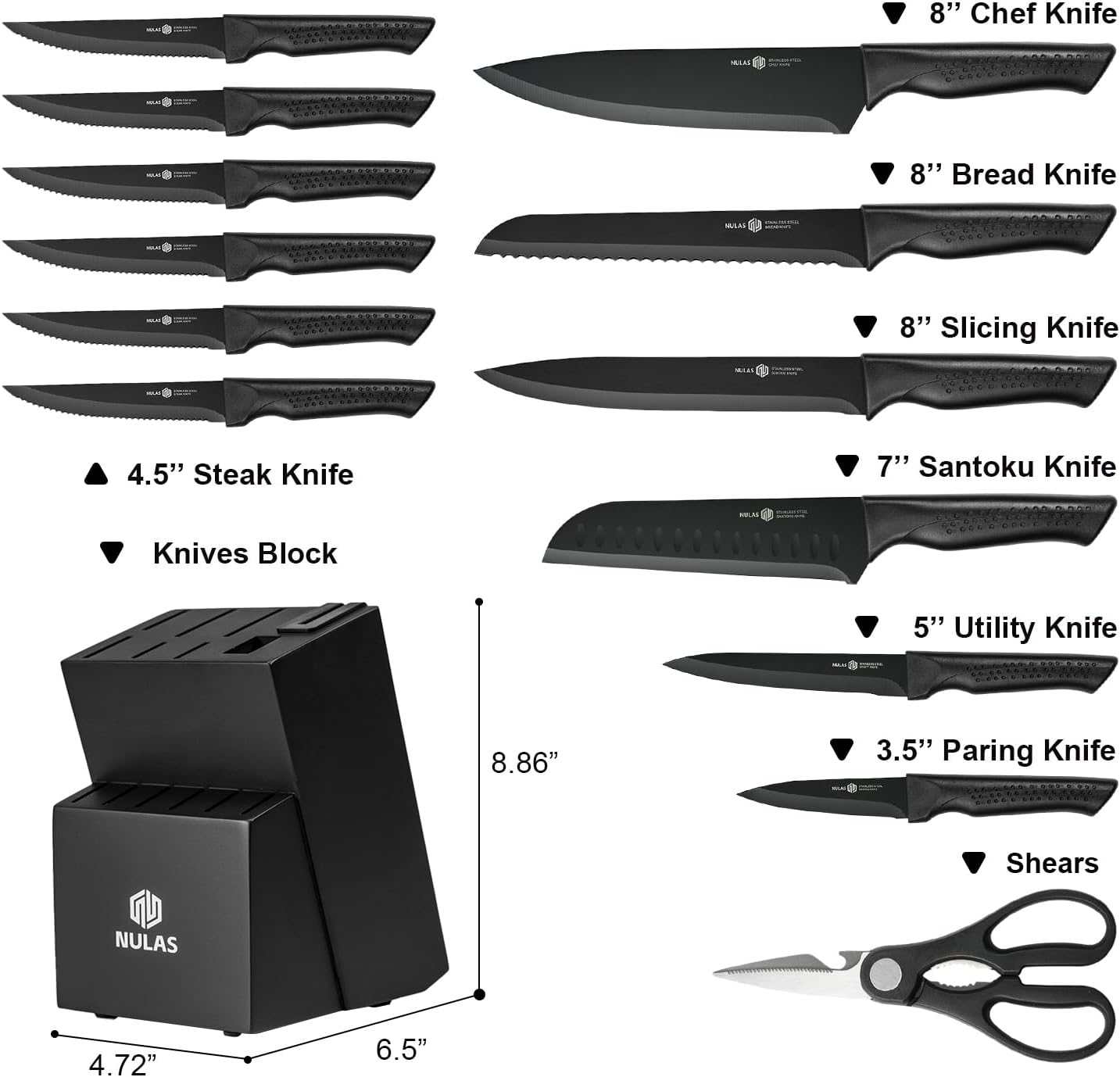 Knife Set, 15-Piece Kitchen Knife Set with Block and Built-in Sharpener, Dishwasher Safe, Non-slip Handle, 6 Steak Knives, Black