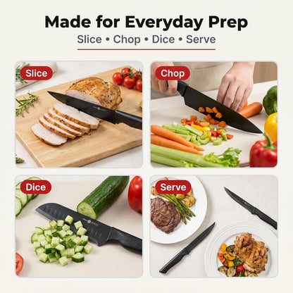 Knife Set, 15-Piece Kitchen Knife Set with Block and Built-in Sharpener, Dishwasher Safe, Non-slip Handle, 6 Steak Knives, Black