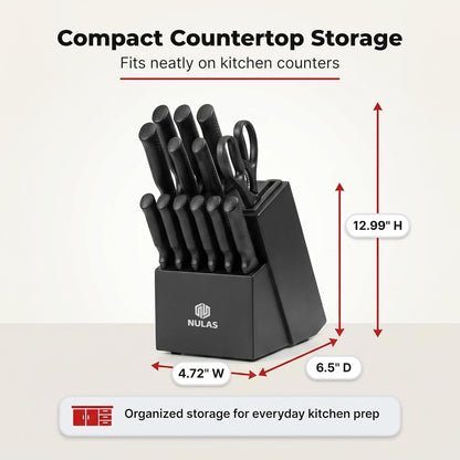 Knife Set, 15-Piece Kitchen Knife Set with Block and Built-in Sharpener, Dishwasher Safe, Non-slip Handle, 6 Steak Knives, Black