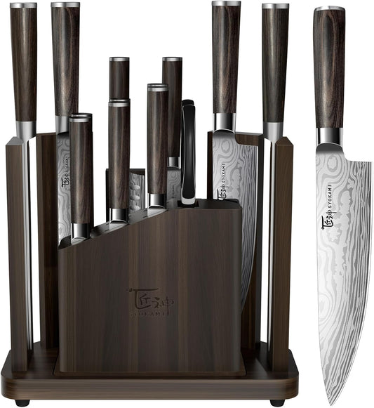 15-Piece Kitchen Knife Set with Magnetic Block, New for 2026 | Detachable Steak Knife Block for Table Service, Built-In Sharpener, Wood Handle, Damascus Pattern, Housewarming Gifts