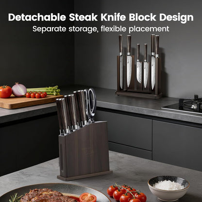 15-Piece Kitchen Knife Set with Magnetic Block, New for 2026 | Detachable Steak Knife Block for Table Service, Built-In Sharpener, Wood Handle, Damascus Pattern, Housewarming Gifts
