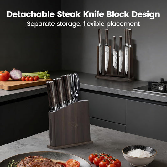 15-Piece Kitchen Knife Set with Magnetic Block, New for 2026 | Detachable Steak Knife Block for Table Service, Built-In Sharpener, Wood Handle, Damascus Pattern, Housewarming Gifts