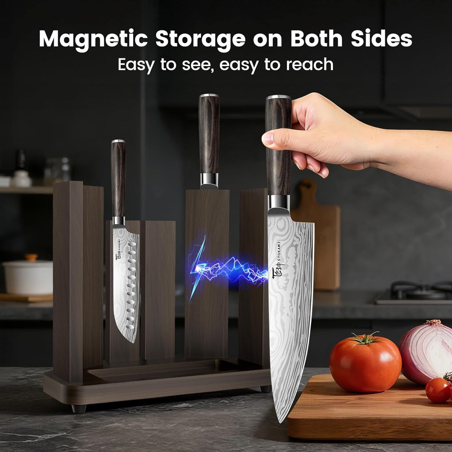 15-Piece Kitchen Knife Set with Magnetic Block, New for 2026 | Detachable Steak Knife Block for Table Service, Built-In Sharpener, Wood Handle, Damascus Pattern, Housewarming Gifts