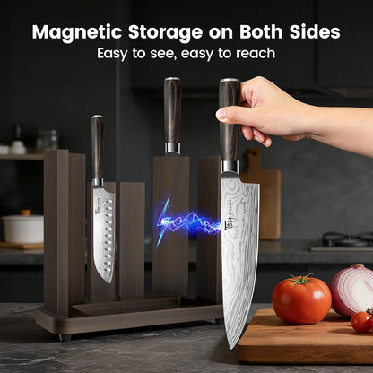 15-Piece Kitchen Knife Set with Magnetic Block, New for 2026 | Detachable Steak Knife Block for Table Service, Built-In Sharpener, Wood Handle, Damascus Pattern, Housewarming Gifts