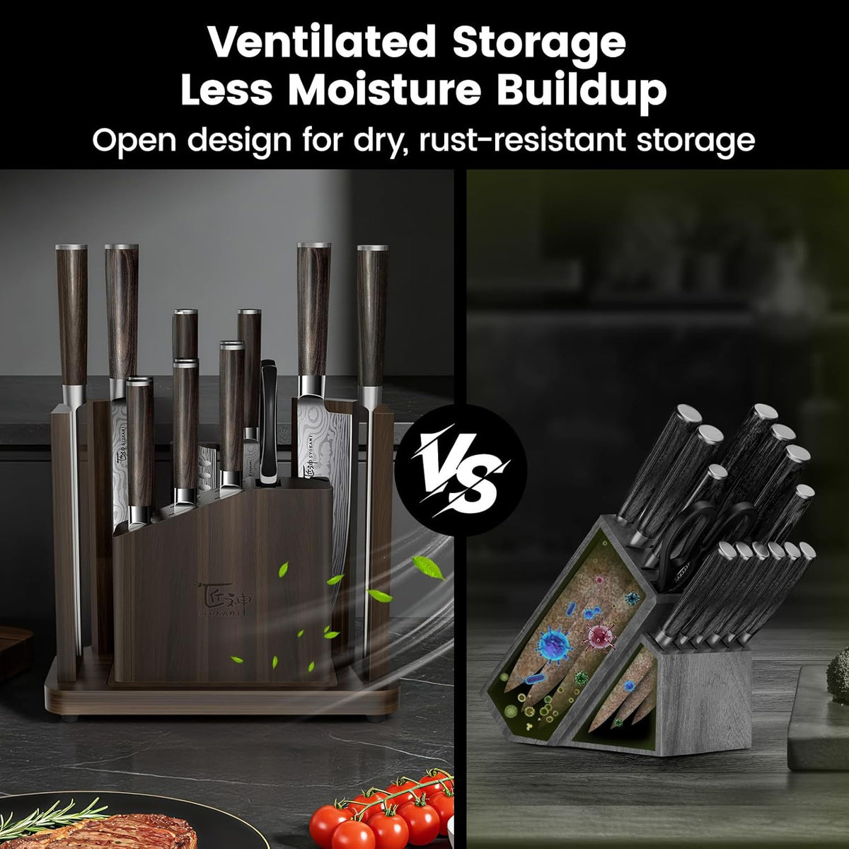 15-Piece Kitchen Knife Set with Magnetic Block, New for 2026 | Detachable Steak Knife Block for Table Service, Built-In Sharpener, Wood Handle, Damascus Pattern, Housewarming Gifts